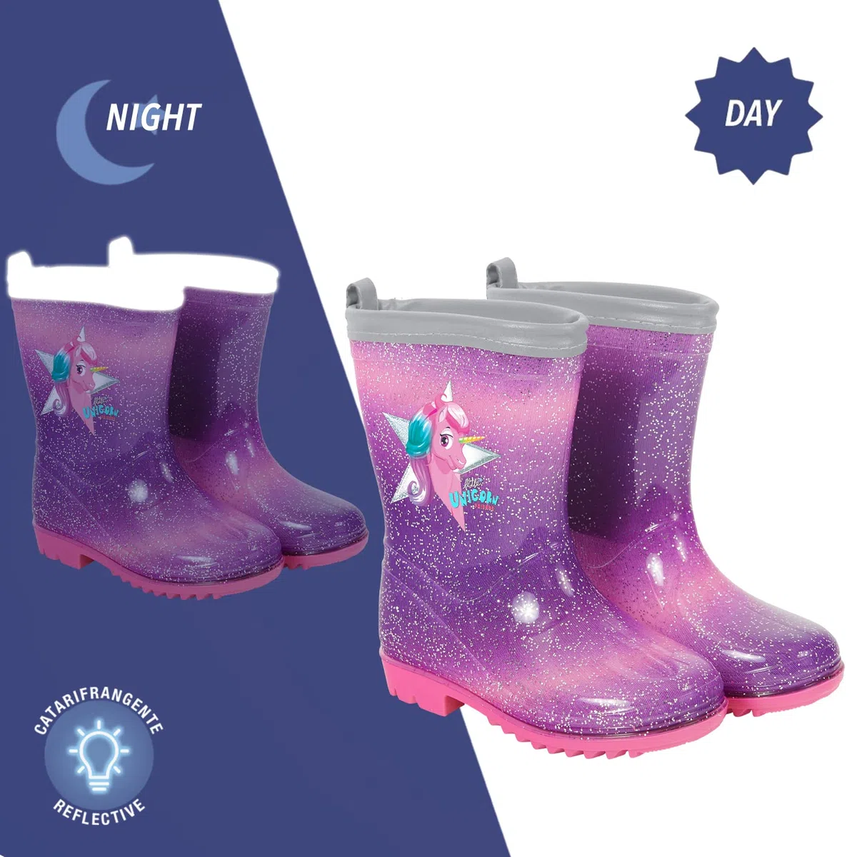 PERLETTI Stivali Pioggia da Bambina con Unicorno Rosa - Stivaletti Impermeabili per Bambine con Baby Unicorn e Glitter - Galosce in PVC e Suola Antiscivolo con Bordo Riflettente - Cool Kids