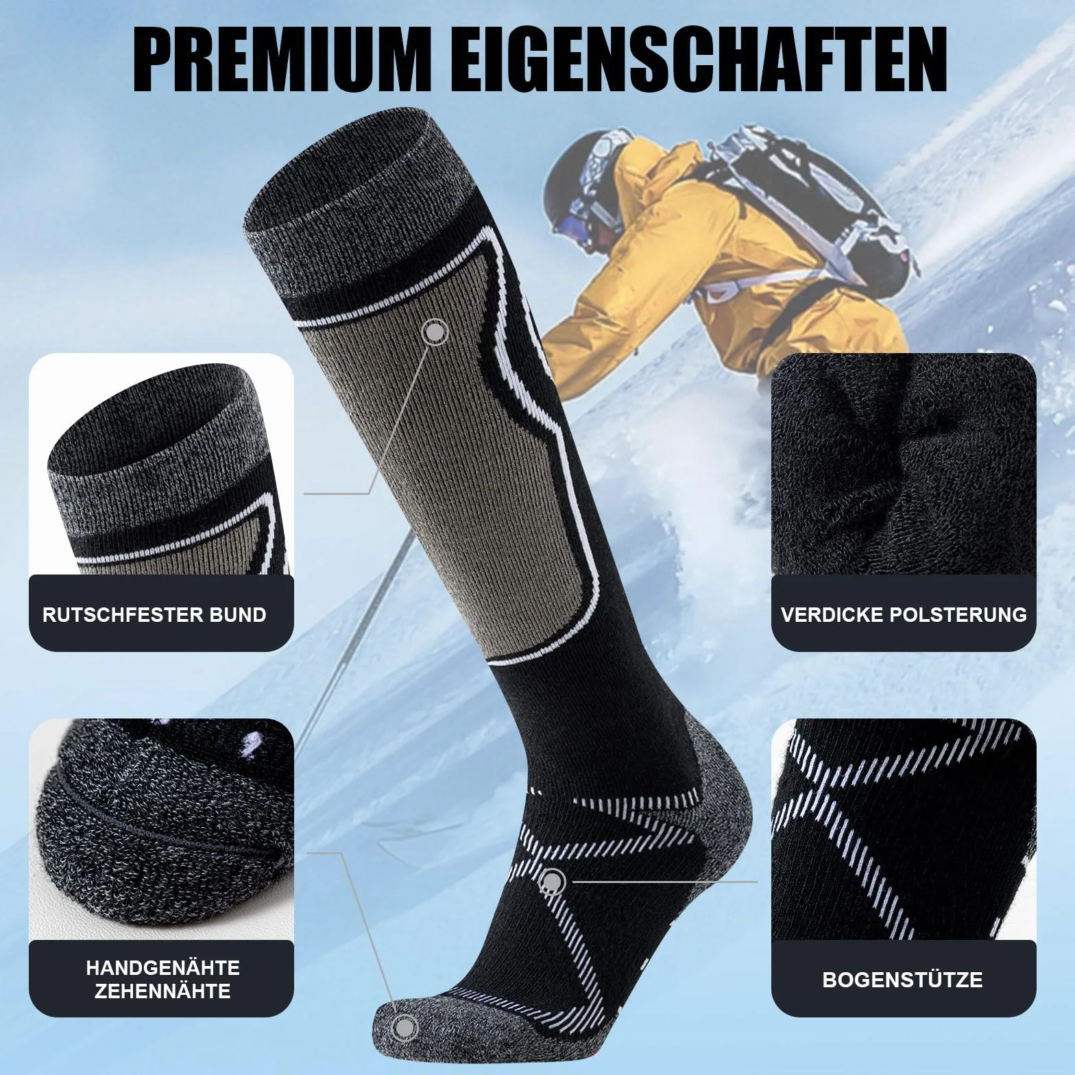 2 Paia Calze da Sci Uomo Donna Lana Merino Invernali, Spesse Termiche Traspiranti, Isolamento Termico Spugna Integrale, Outdoor Trekking