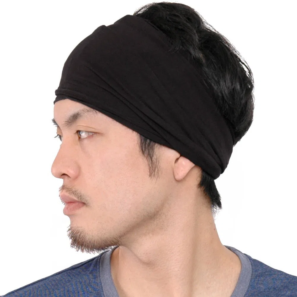 CHARM Bandana Elastico Uomo, Fascia Capelli Donna Stile Giapponese, Per Capelli Lunghi E Dread, Fascia Testa Avvolgente Nero