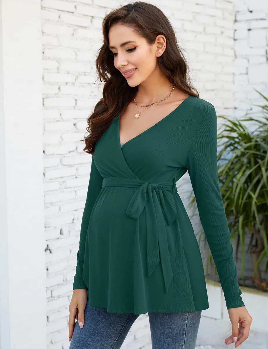 KOJOOIN Camicia da Allattamento da Donna Camicia Premaman con Scollo a V a Maniche Lunghe Top da Allattamento con Cintura Moda Premaman