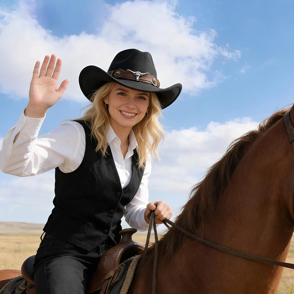 Cappello da cowboy Western Style da donna e uomo, in pelle con applicazione a testa di toro e cinturino regolabile (56-58 cm), cappello a tesa larga per festival, giardinaggio e feste a tema (nero