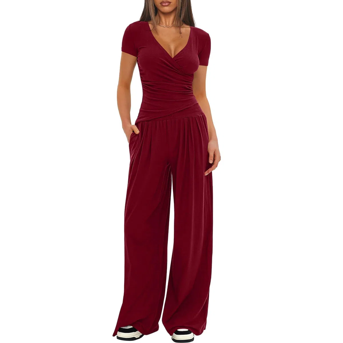 LIAMERHE Set Due Pezzi Donna Estivo Casual Manica Corta Scollo a V a Portafoglio e Pantaloni Larghi a Vita Alta con Tasche Tuta Sportiva Elegante Completo Loungewear e Abbigliamento da Casa