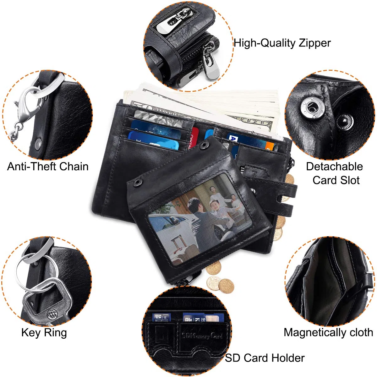 REETEE Portafoglio Uomo Blocco RFID Vera Pelle con Catena, Cerniera Portamonete 16 Porta Carte di Credito Bifold Verticale (nero)