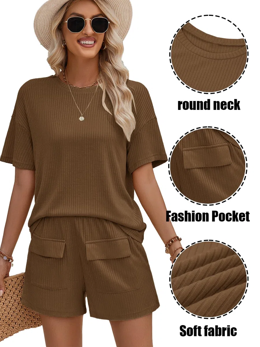 Rayson Completo Donna Estivo 2 Pezzi Casual Set Pantaloncini con Tasche e Maniche Corte Elegante Girocollo Abbigliamento Sportivo