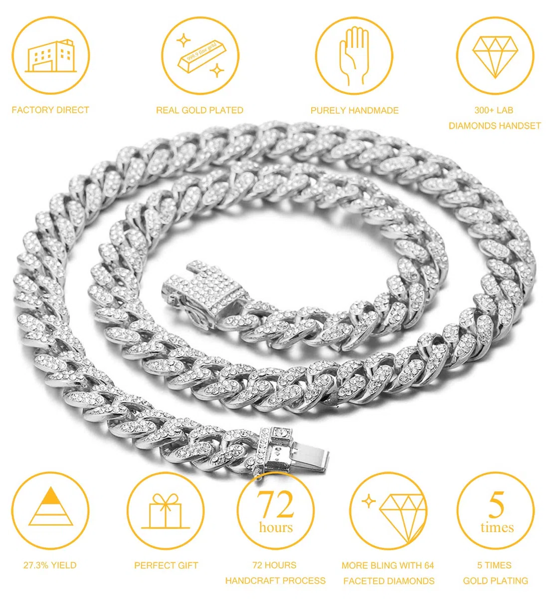 HALUKAKAH Diamante Catena Cubana per Ragazzo,14MM Ragazzi Oro Reale 18k /Platino Placcato in Oro Bianco Collana Braccialetto Diamanti da Laboratorio Set a Mano 8-15 Y/O.con Pacco Regalo Gratuita
