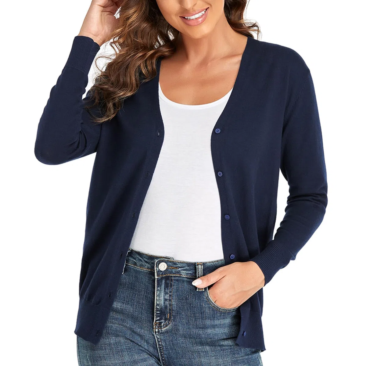 CUNYI Cardigan Donna Scollo a V Maglia con Bottoni Girocollo Classico Manica Lunga Giacca Cappotto Elegante