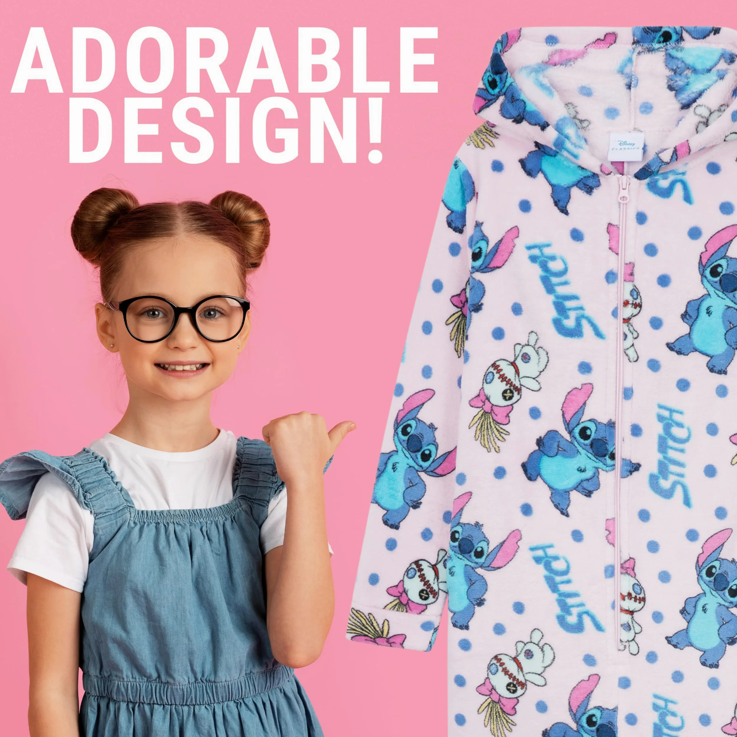 Disney Stitch Pile Pigiami Interi con Cappuccio Bambina, Accogliente Pigiama Set
