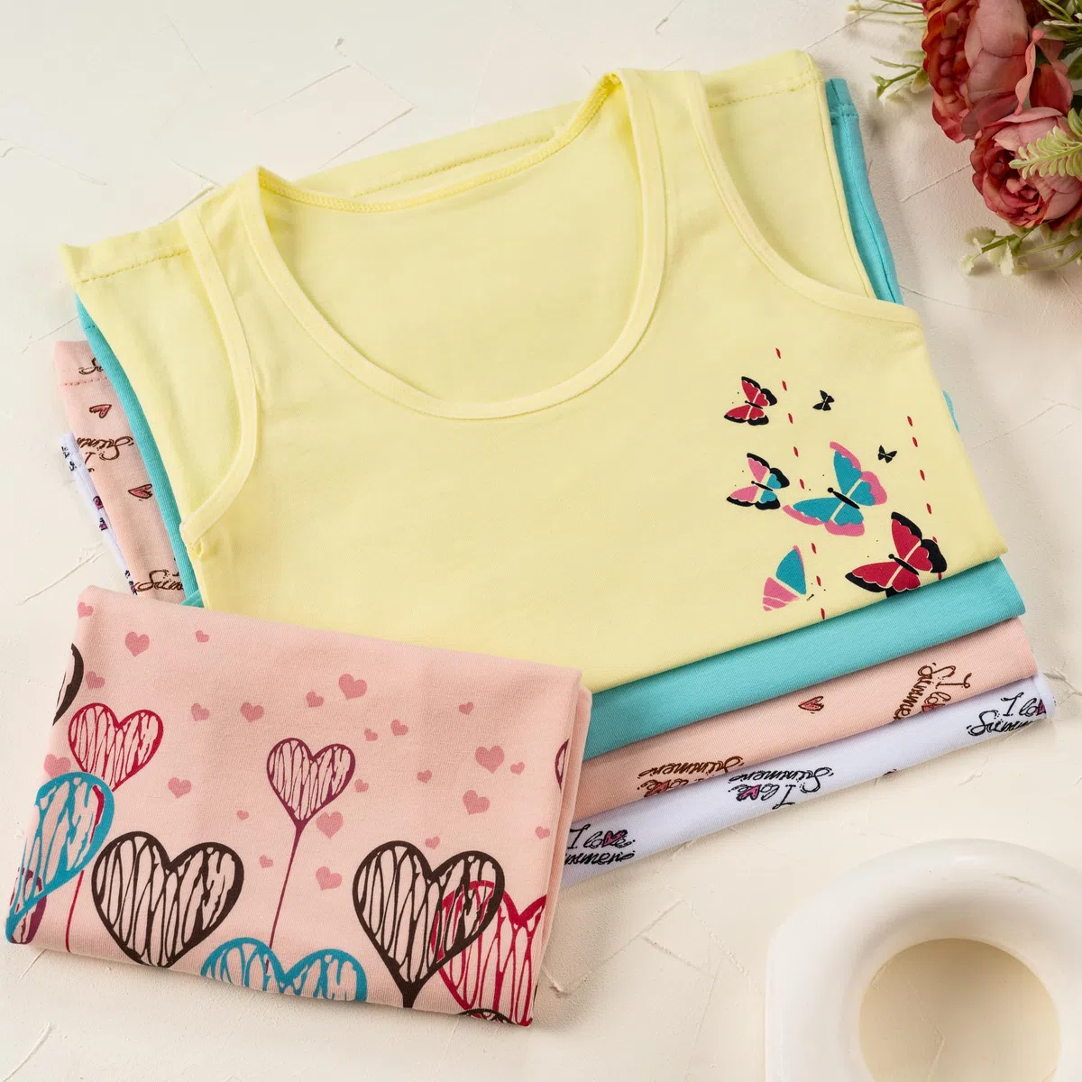 LOREZA ® 5 Cannottiera da Bambina in Cotone Canotta Intima Vari Disegni Intimo 2-15 Anni