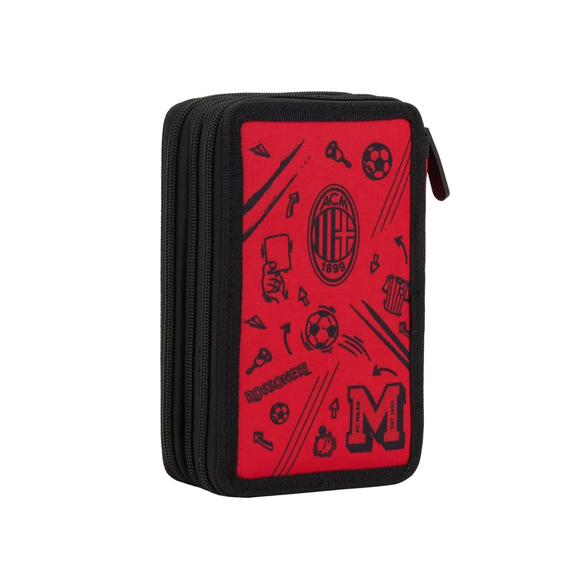 A.C. Milan Astuccio con 3 Scomparti e Materiali Inclusi all'Interno, Porta Penne e Matite, Prodotto Ufficiale, Rosso