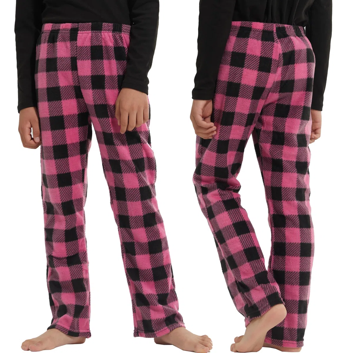 Confezione da 2 pantaloni pigiama in pile per bambine, motivo scozzese, morbidi, a quadri, con tasche, biancheria da notte