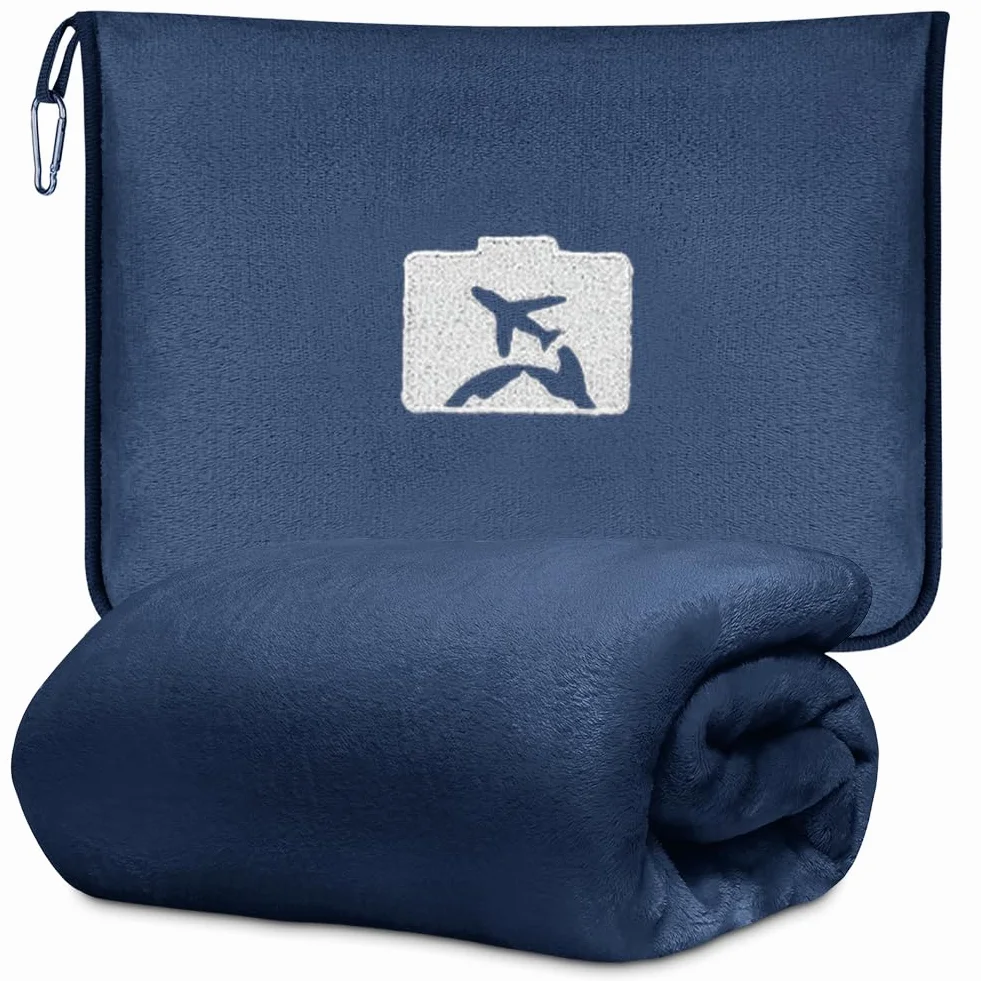Coperta da viaggio 2 in 1 per aerei e auto, morbida e calda, con custodia per bagagli e clip, per zaino, cuscino trasformabile ultra leggero
