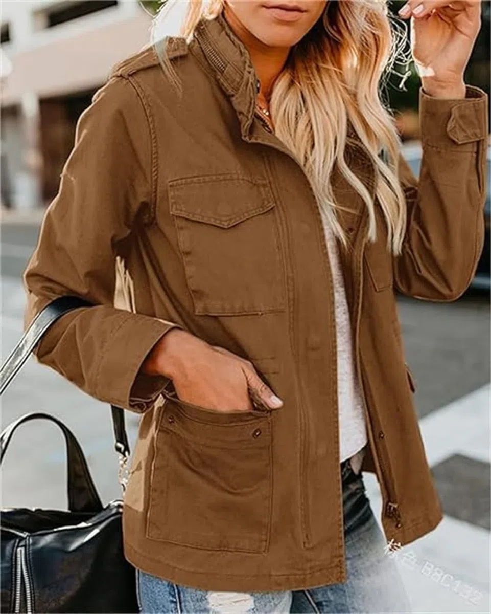 Generisch Giubbino militare da donna leggero casual chiusura lampo bottoni automatici utility cargo cappotti con tasca giacca marrone