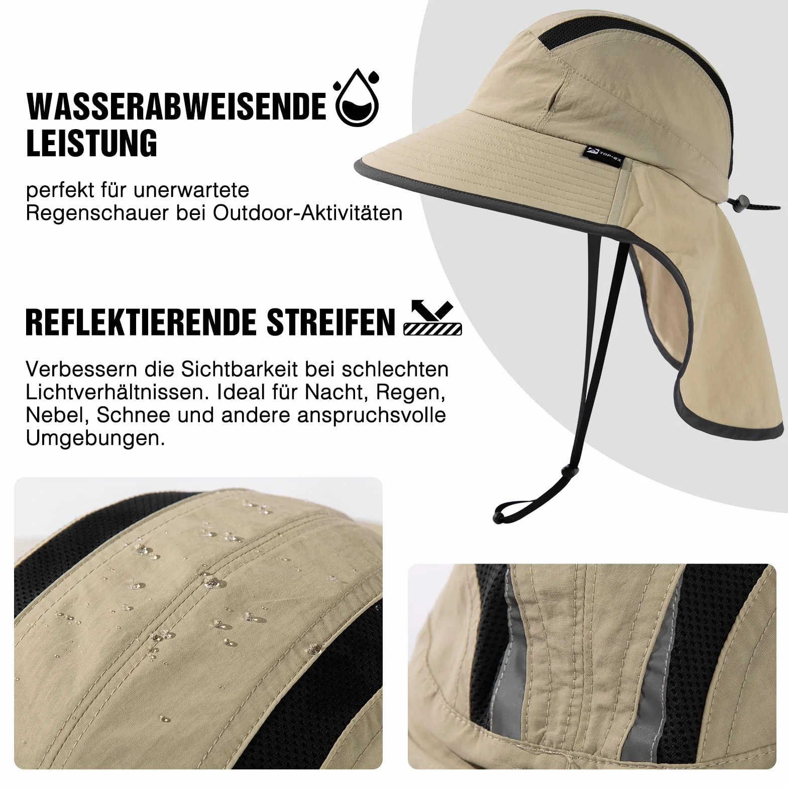 TOP-EX XL/XXL, cappello da sole unisex da uomo, a tesa larga, con protezione per il collo, porta occhiali da sole, cappello estivo, impermeabile e pieghevole