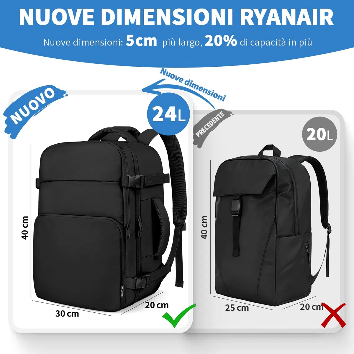 ZOMFELT Zaino Ryanair 40x30x20, 24L Bagaglio a Mano Aereo Zaino da Viaggio per Donna Uomo, Zaini Casual per laptop da 15 pollici Travel Bag Compatto Leggero per Ryanair, Wizz Air, Easyjet Nero