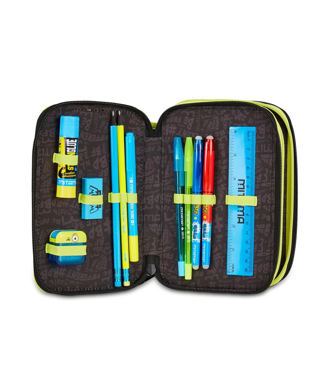 Mitama Astuccio Scuola 3 Scomparti, TRIPLO URBANSMILE, Contenuto 47 pz, Completo di Matite, Pennarelli, Portapenne Scuola Elementare Bambino