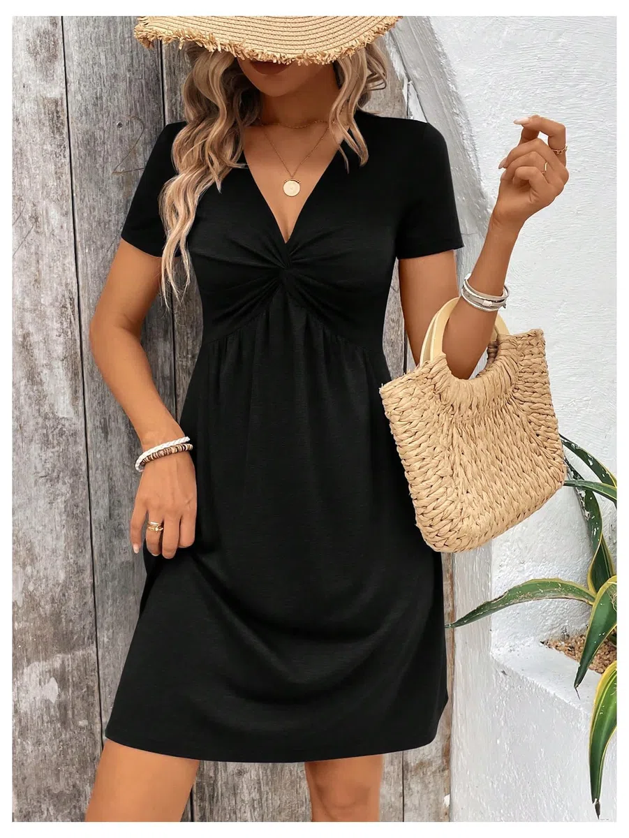 Vestito Donna Manica Corta Vestiti Estivi Scollo a V Casual Abiti da Donna Elegante Mini Vestito Vita Alta Linea A Moda Abito