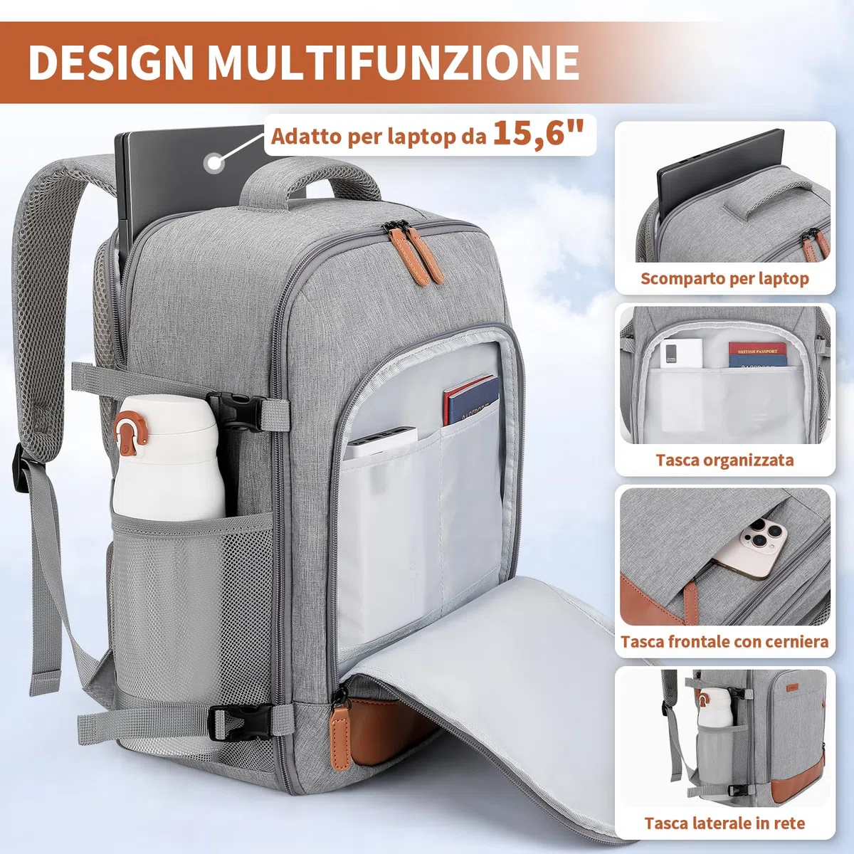 ZOMFELT Zaino Ryanair 40x30x20, 24L Bagaglio a Mano Zaino da Viaggio Donna, Zaino Impermeabile per Laptop da 15,6 pollici per Scuola e Lavoro Trekking, Zaino casual per EasyJet,Wizz Air, Grigio