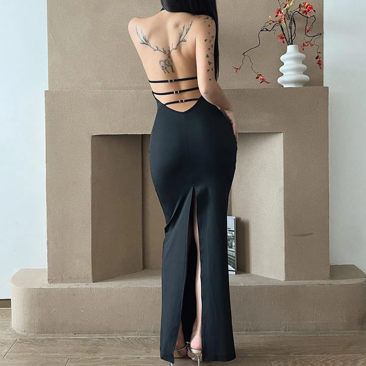 Vestito Donna Spaghetti Strap Senza Maniche Vestito Collo Cavezza Vestiti da Cerimonia Abito da Sera Partito Bodycon Senza Schienale Festa Banchetto