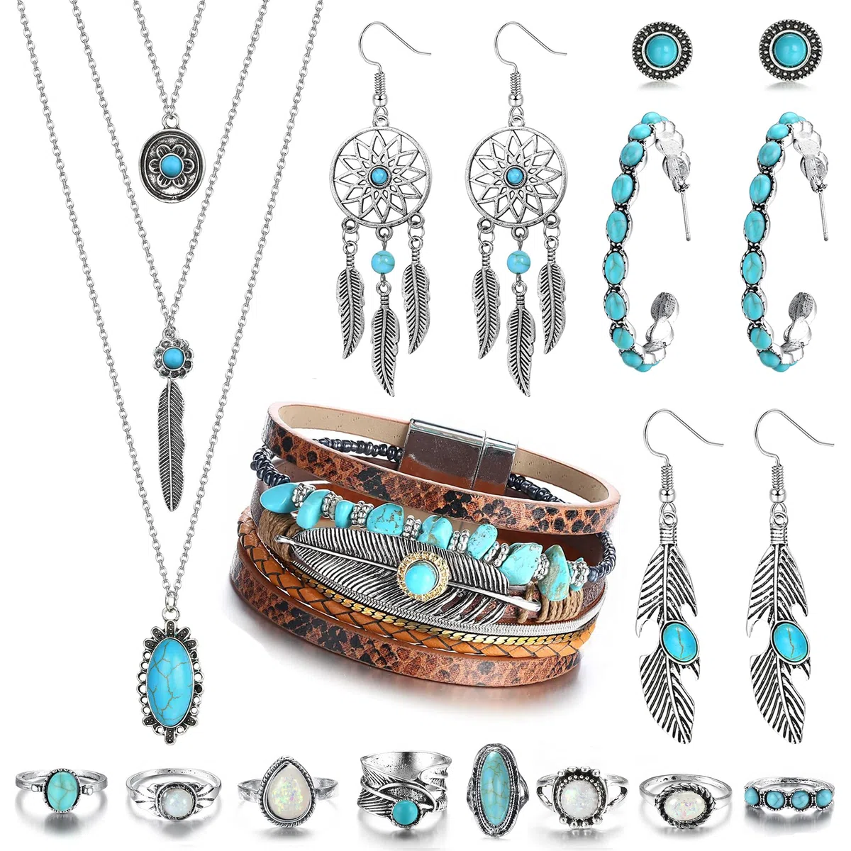 JeweBella Bohemien Turchese Gioielli Set per Donna Bohemien Collane con Ciondolo Orecchini Pendenti Piume Turchesi Perline Pelle Bracciale Vintage Knuckle Anello Impilabile Boho Occidentali Gioielli