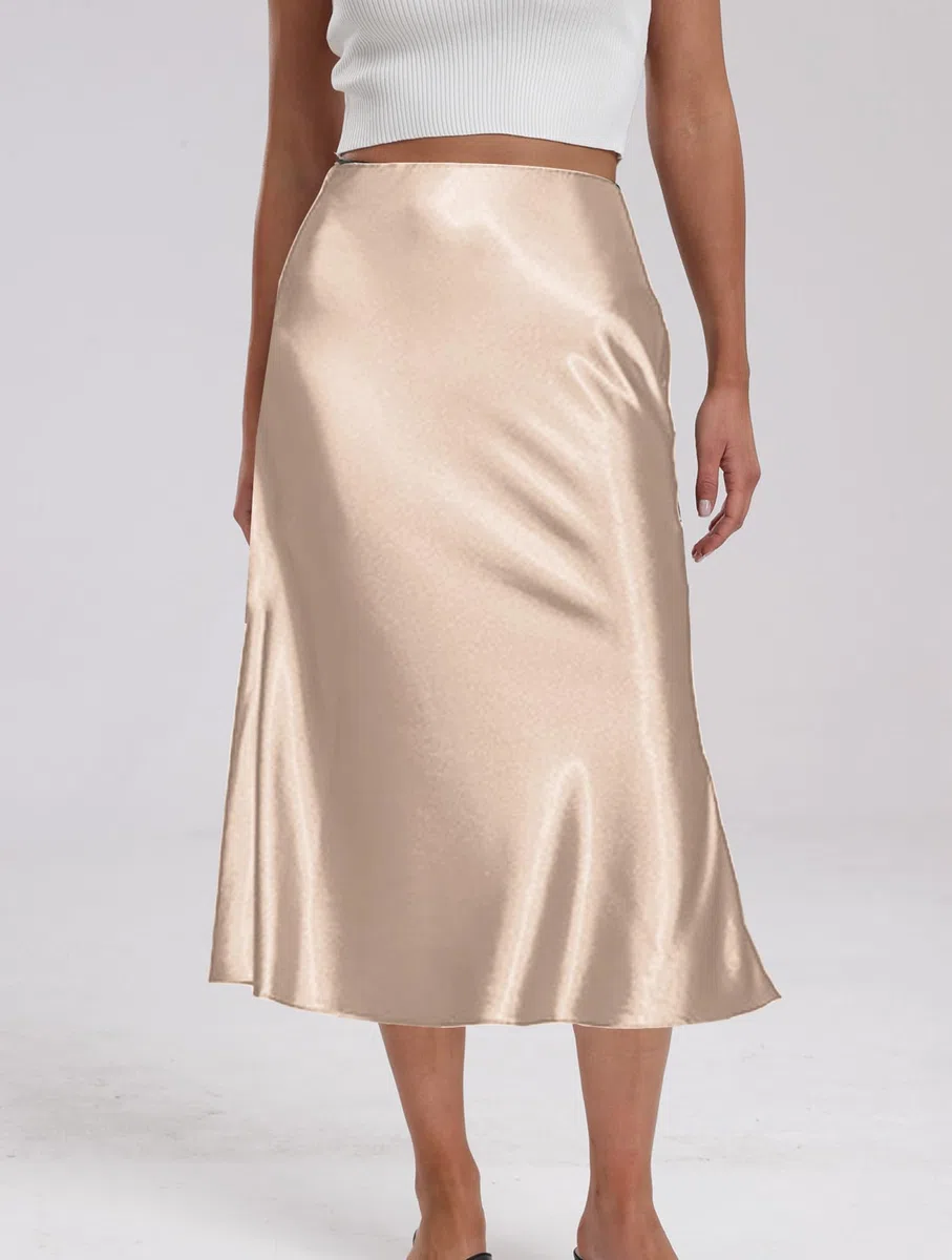 Gonna Donna Raso Vita Alta e Linea ad A Elegante Seta Midi Gonna da Lavoro Casual Elastica con Zip Festa Estate