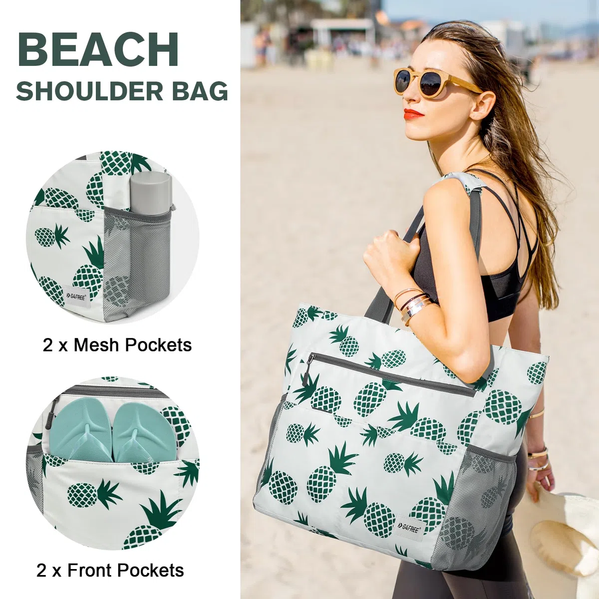G4Free Borsa da spiaggia, impermeabile, a prova di sabbia, pieghevole, di grande capacità, per le donne, Ananas, 35L
