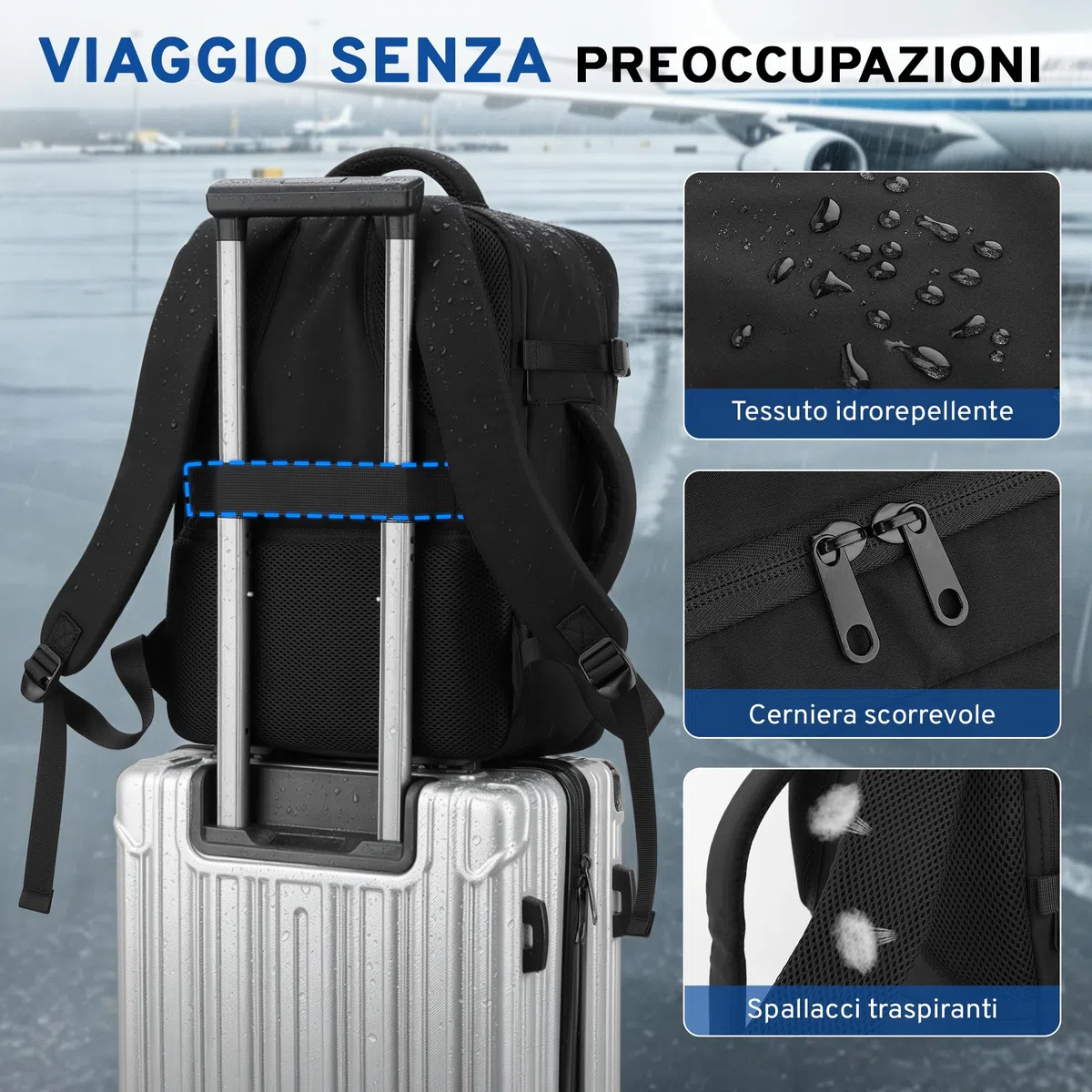 ETRONIK Zaino Ryanair 40x30x20, 24L Zaino da Viaggio Aereo Cabina Resistente all'Acqua, 15,6 Pollici Zaini PC Bagaglio a Mano 40x30x20, Borsa Valigia 10 Kg Uomo Donna per Eurowings EasyJet, Nero