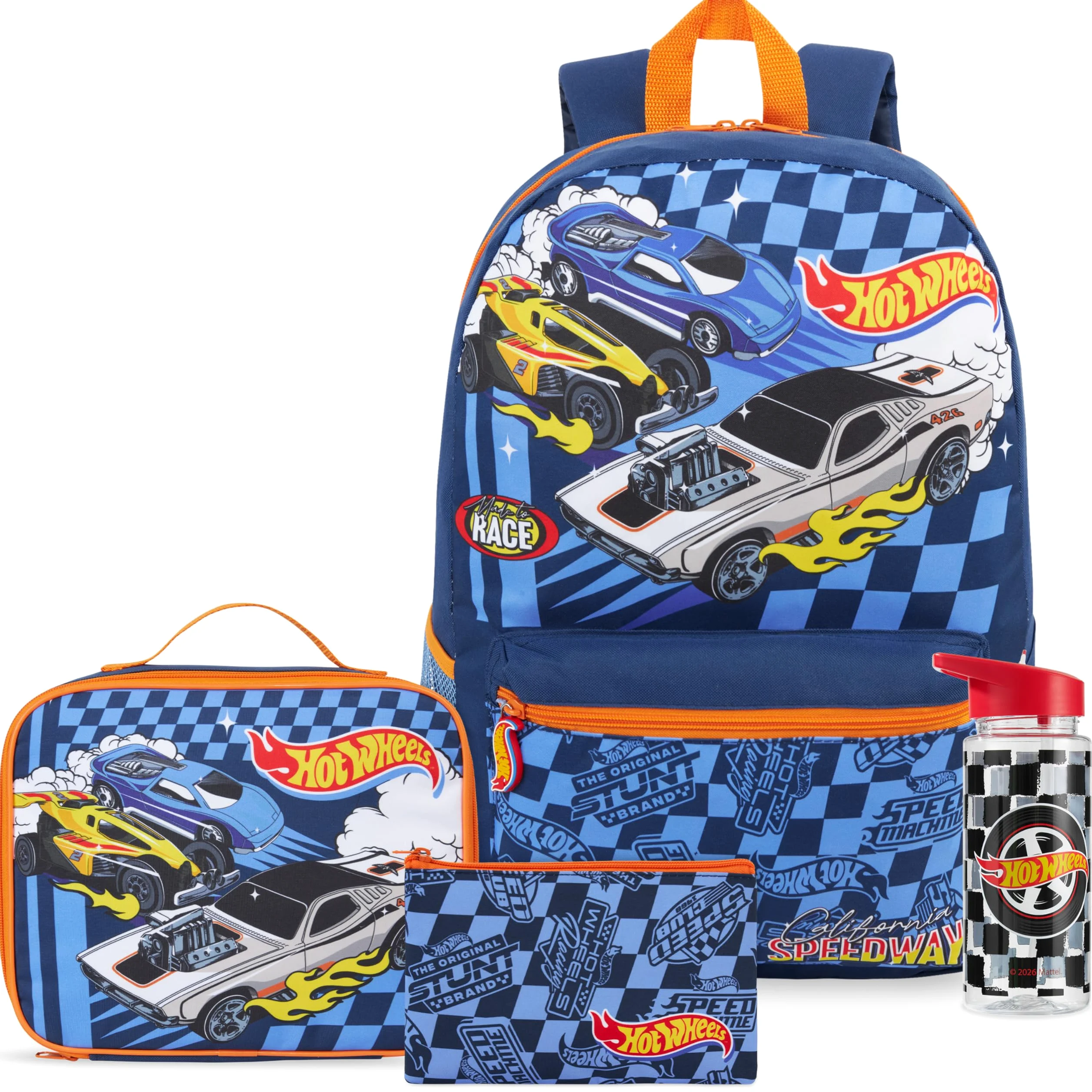 Get Trend Hot Wheels 4 Pezzi Zaino Ragazzo Set per Scuola con Borsa Termica Porta Pranzo, Borraccia 500 ml Senza BPA e Astuccio (Multi Hot Wheels)