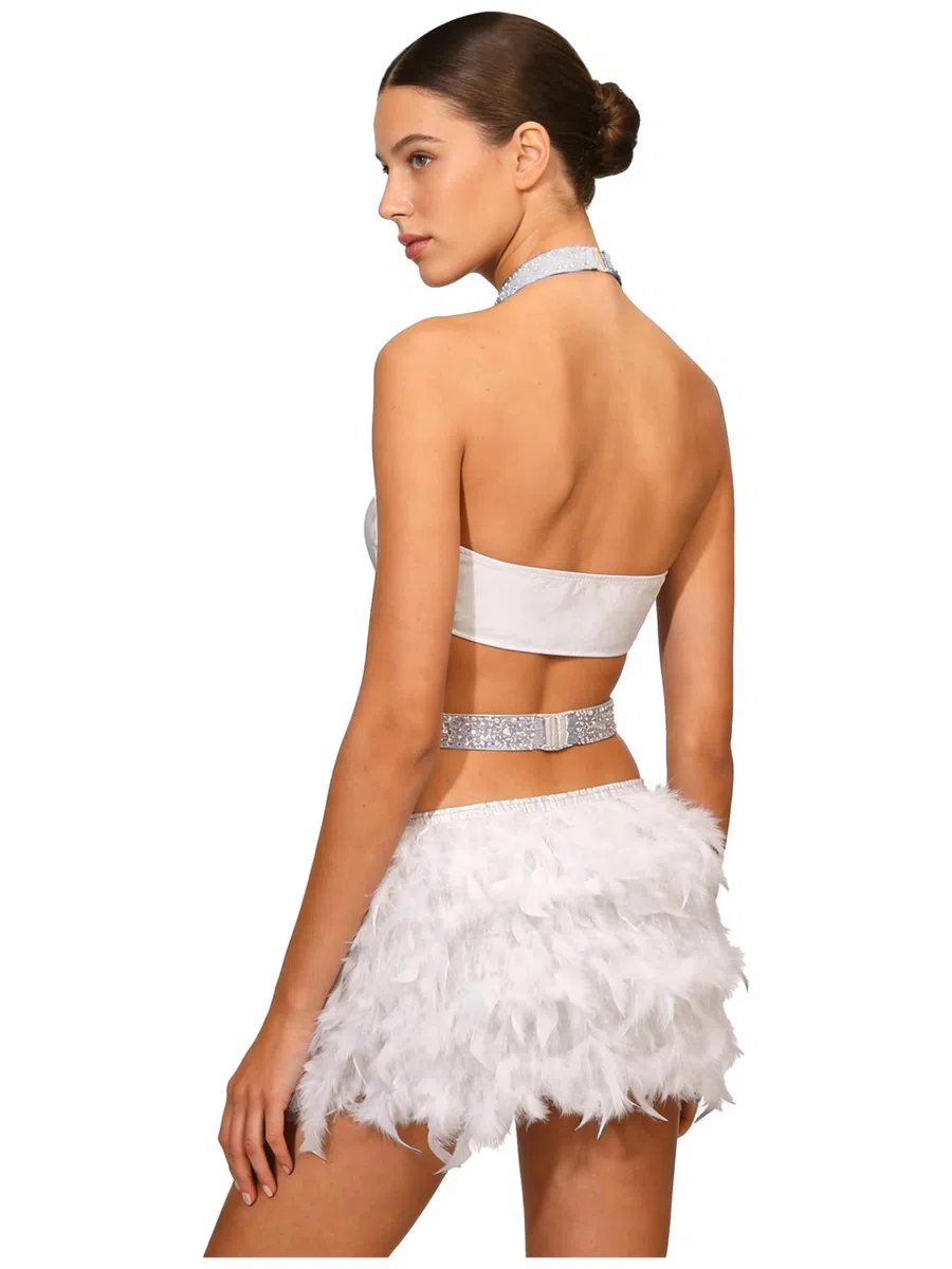 Freebily Abito da Ballo Latino Americano Donna con Piume Vestito Danza Moderna Jazz Collo Halter Body Ginnastica Ritmica con Strass Balletto Leotards Abito da Pattinaggio