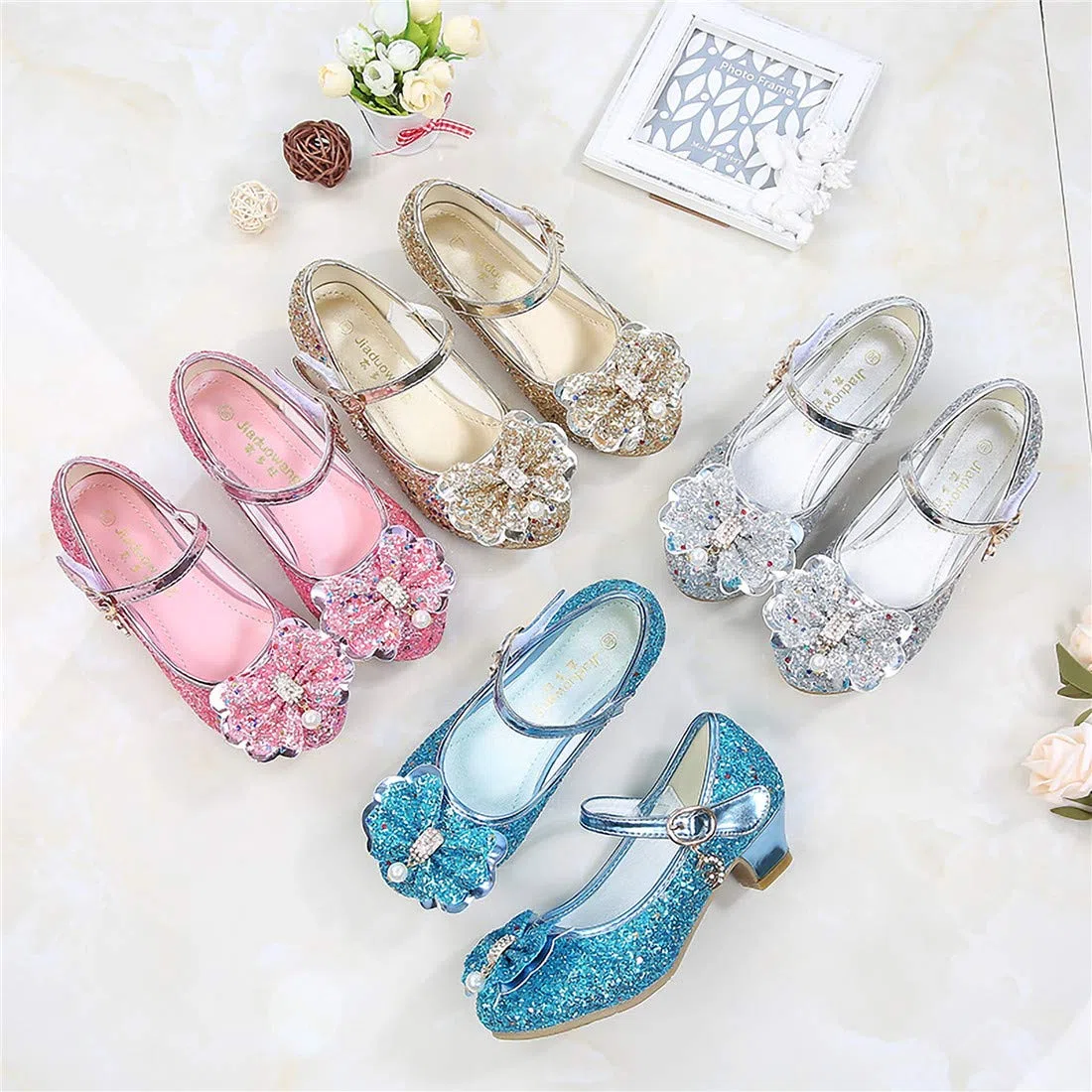 Ragazza Principessa Scarpe con Tacco Pendenti Scarpe Cristallo Partito Glitter Pumps Festive Carnevale Party Halloween Natale Blu,EU26-38
