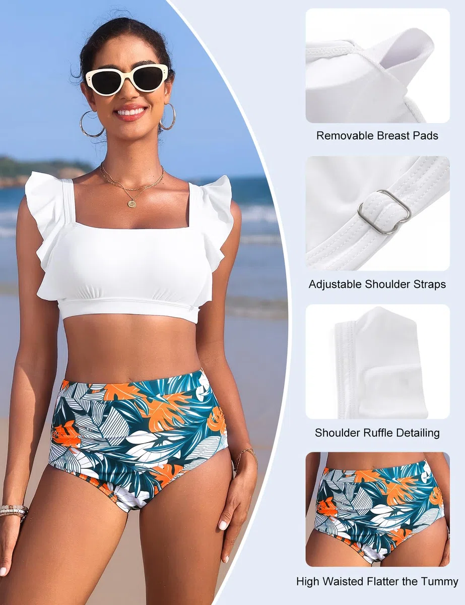 Costume Donna Due Pezzi Vita Alta Bikini Push-up con Scollo Quadrato Costumi da Bagno Piscina e da Spiaggia da Eleganti Dettagli con Volant