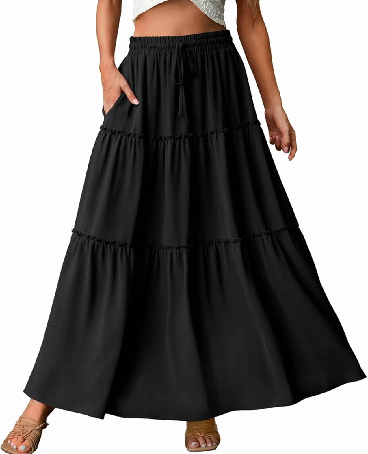 Genfien Gonne Lunghe da Donna Maxi Gonna a Vita Alta con Tasche Linea A Gonna Estiva Basic Elasticizzata a Pieghe Casual