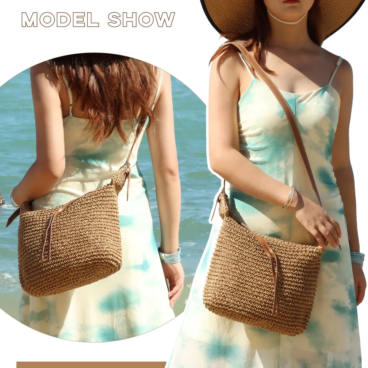 EVEOUT Borsa a tracolla in Rafia per Donna Estate Leggero Boho Borse Paglia Intrecciata per Spiaggia Vacanze Crossbody con Cerniera