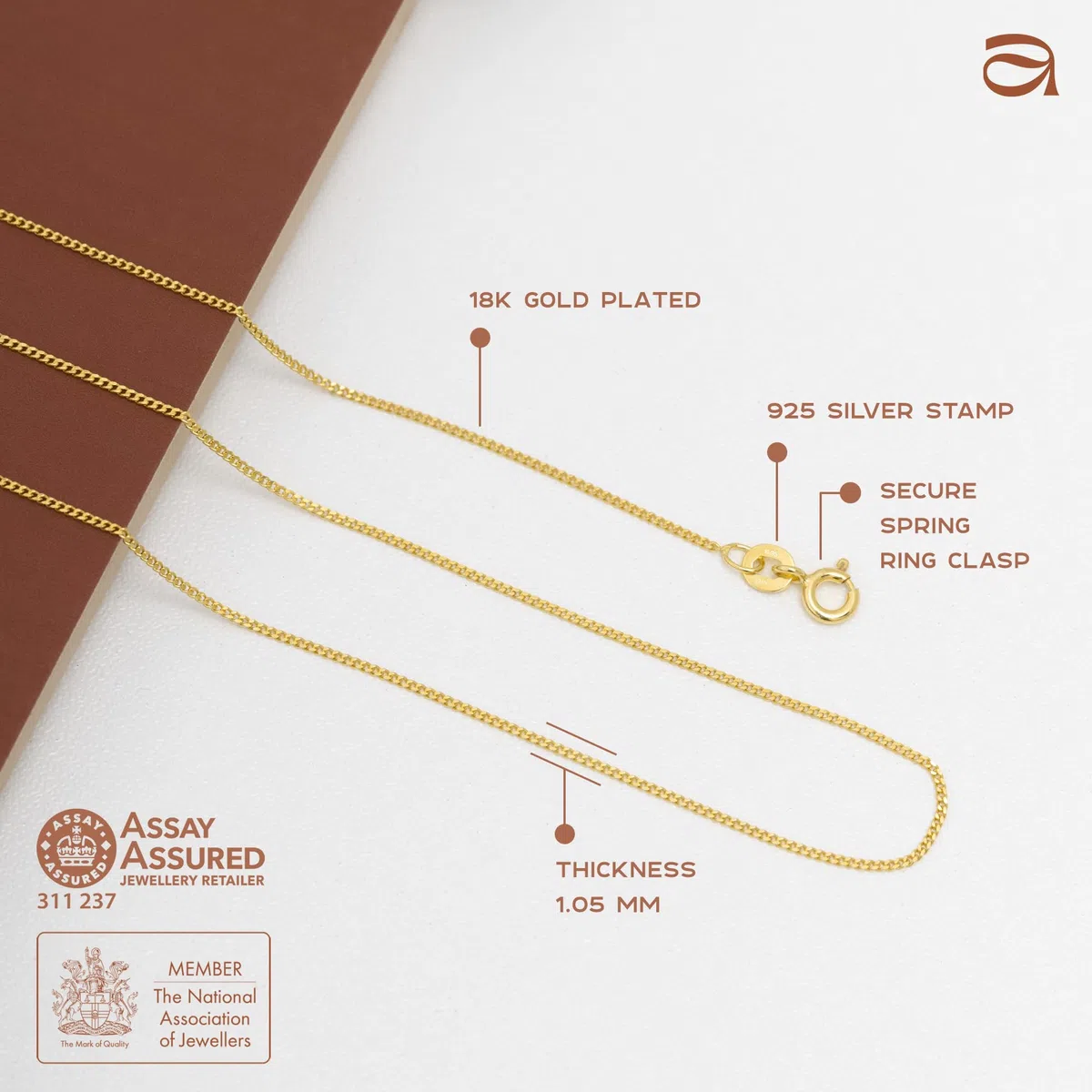 Amberta® Gioielli - Collanina - Catenina Argento Sterling 925 - Placcato Oro 18K - Modello Barbazzale - Larghezza 1.05 mm - Lunghezza: 40 45 50 55 60 70 cm