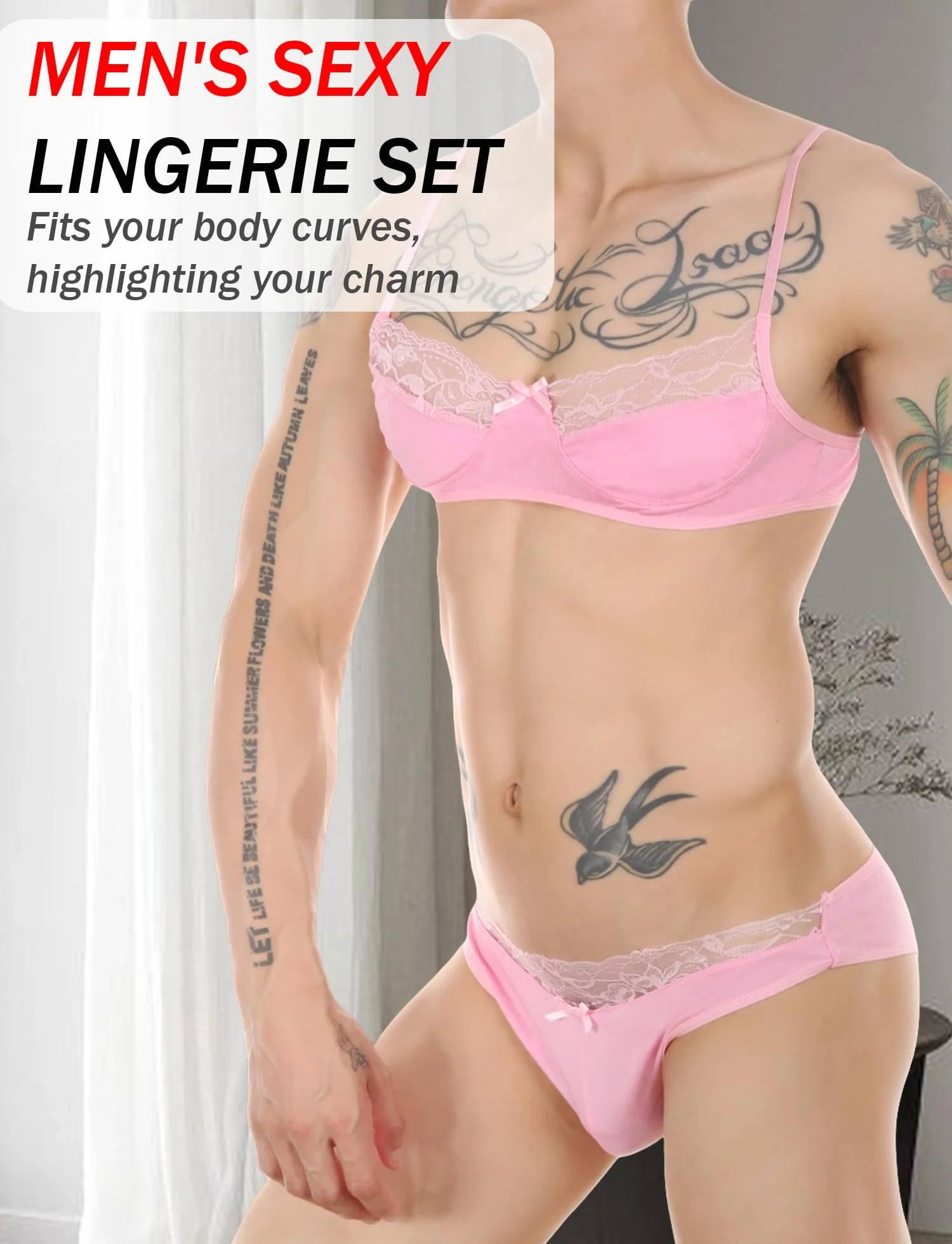 AIEOE Sissy - Set di biancheria intima in pizzo sexy, reggiseno e mutandine leggere, set di lingerie gay incrociato, reggiseno e slip in pizzo, mutandine S-XXL
