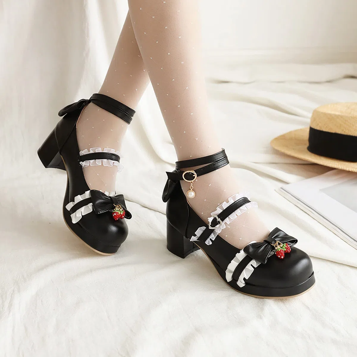 Scarpe da ragazza con tacco alto Lolita da principessa, con fiocco, elegante, tinta unita, strette, scarpe da sera per bambini, feste, alla caviglia, con glitter