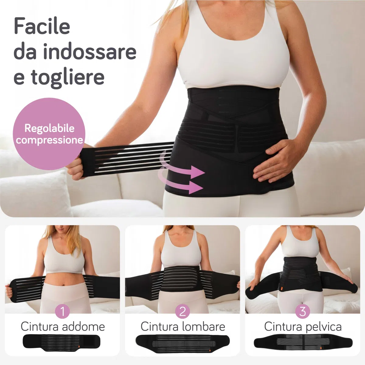 Baby Uma Fascia post parto 3-in-1 - Panciera post parto donna a triplo supporto, Fascia cesareo, Leggera & traspirante, Facile da indossare
