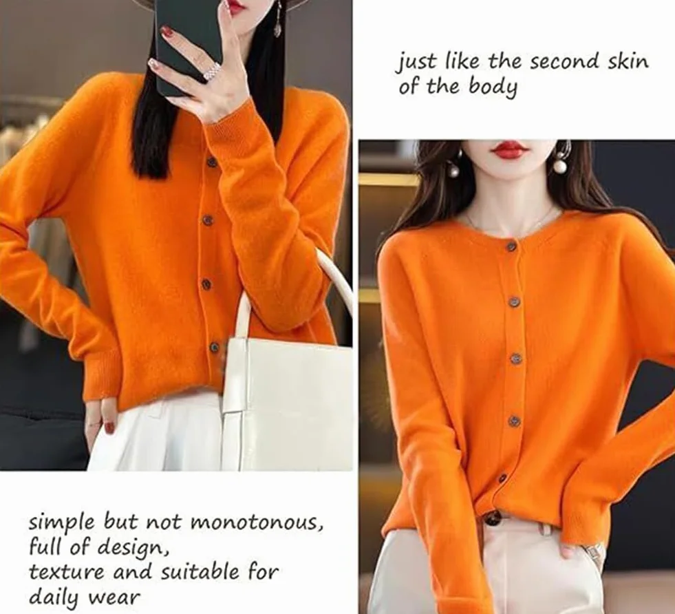 DJFOG Cardigan in cashmere da donna, cardigan a maniche lunghe con bottoni frontali in cashmere 2024, maglioni elastici in maglia morbida e calda