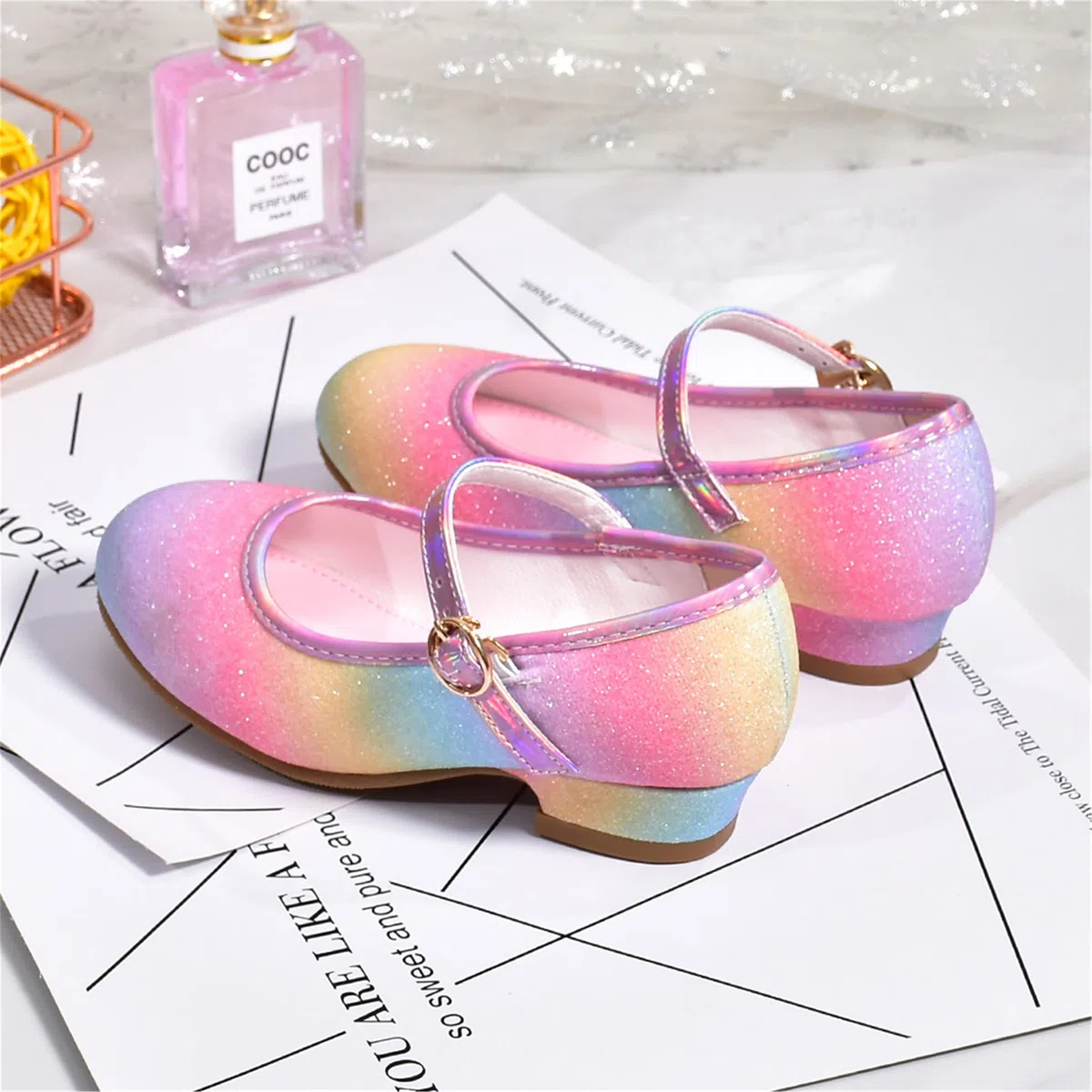 Scarpe Principessa Bambina Scarpe Bimba Tacco Scarpe Arcobaleno Tacchi Ragazza Scarpe Cosplay Principessa con Paillettes Scarpe Eleganti Bambina per Cerimonia Festa
