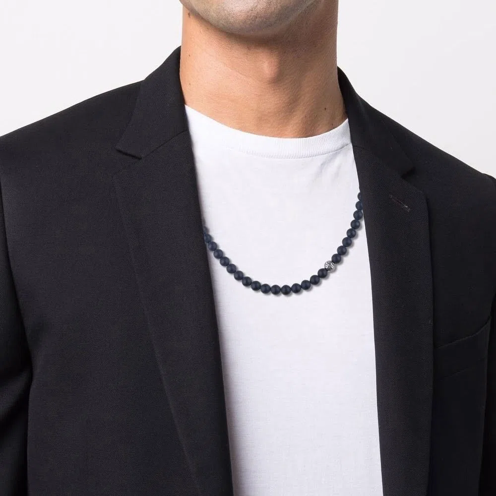 GAVU Collana Fleur de Lis da Uomo con Perle di Pietre Naturali e Cristalli, Collana Uomo Perline Pietre Dure, Ematite, Occhio di Tigre, Ossidiana, Pietra Lavica, Onice
