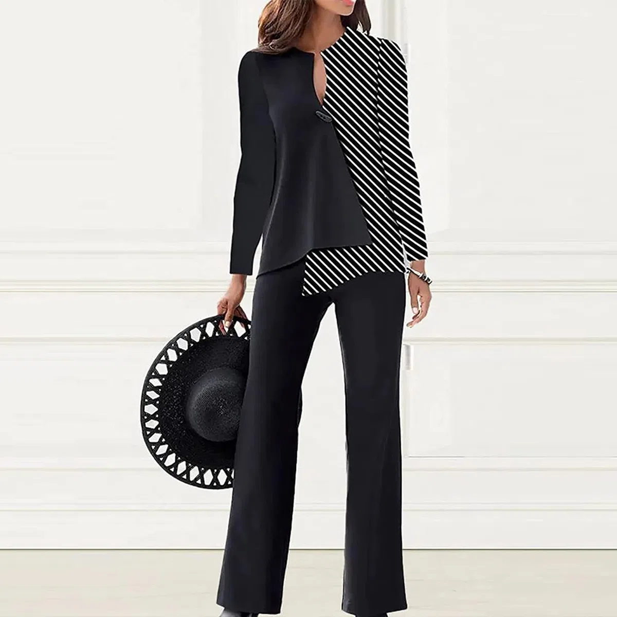 Donna Color Blocking Pantaloni Larghi Due Pezzi Abito Elegante Casual Formale 2 Pezzi Casual Top Maniche Lunghe Sera Pantaloni Donna
