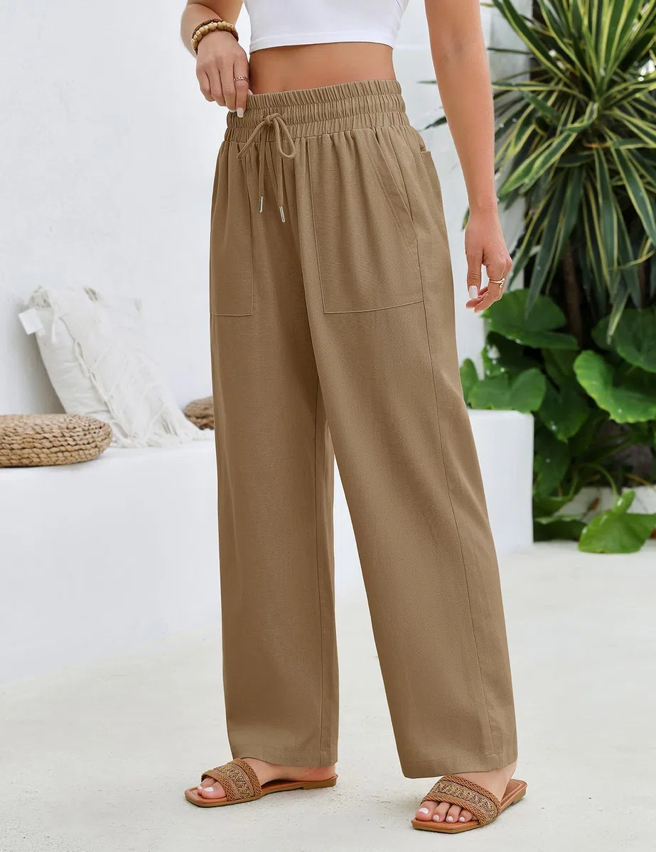 Pantaloni Donna Estivi Lino Pantaloni Leggeri Larghi Elastico Vita Alta Lunghi Gamba Dritta Eleganti Pantaloni Palazzo da Spiaggia Jogging Solido Sciolto Casual Comodi con Tasche