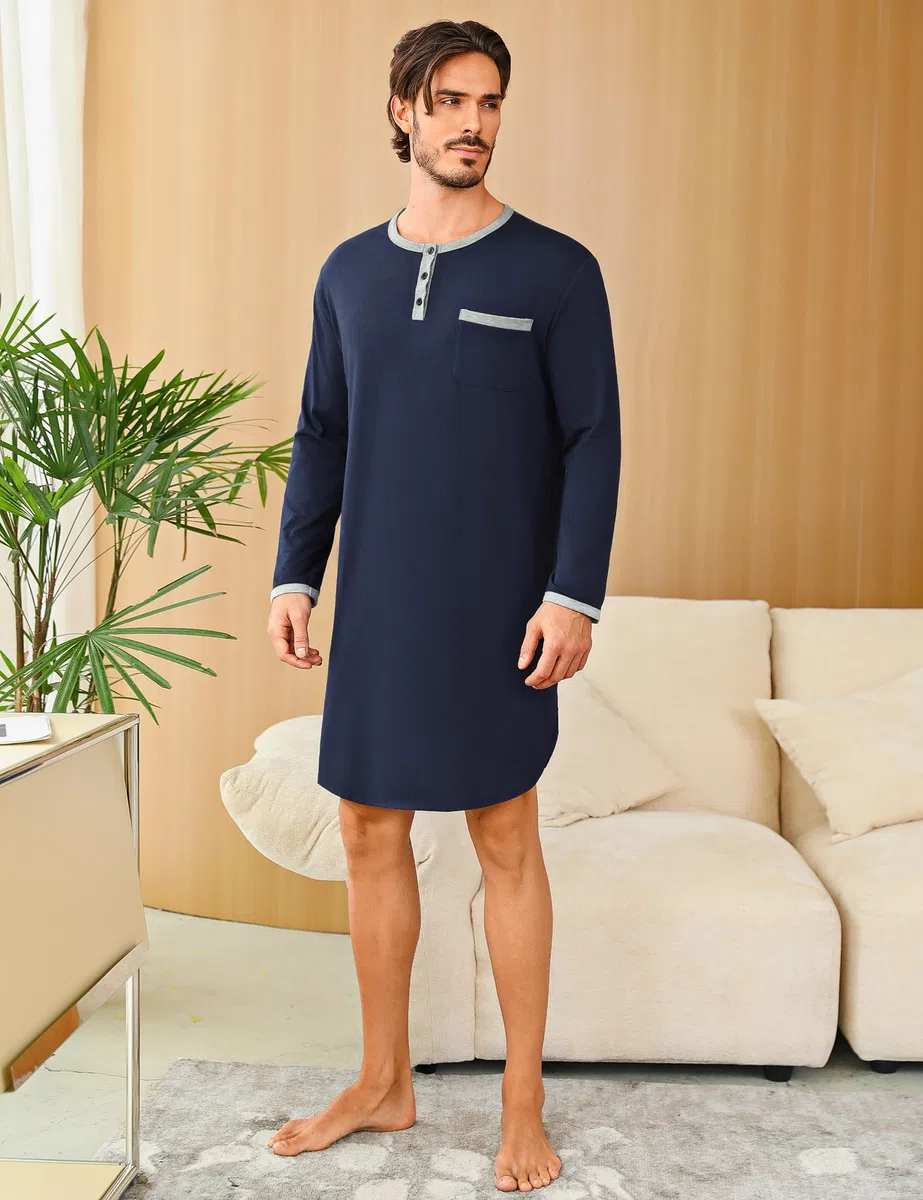 Uniexcosm Maglie Pigiama Uomo, Camicia da Notte Manica Lunga Uomo Girocollo con Bottoni, Pigiami e Abbigliamento da Notte da Uomo con Tasca sul Petto per Casual Ospedale Casa