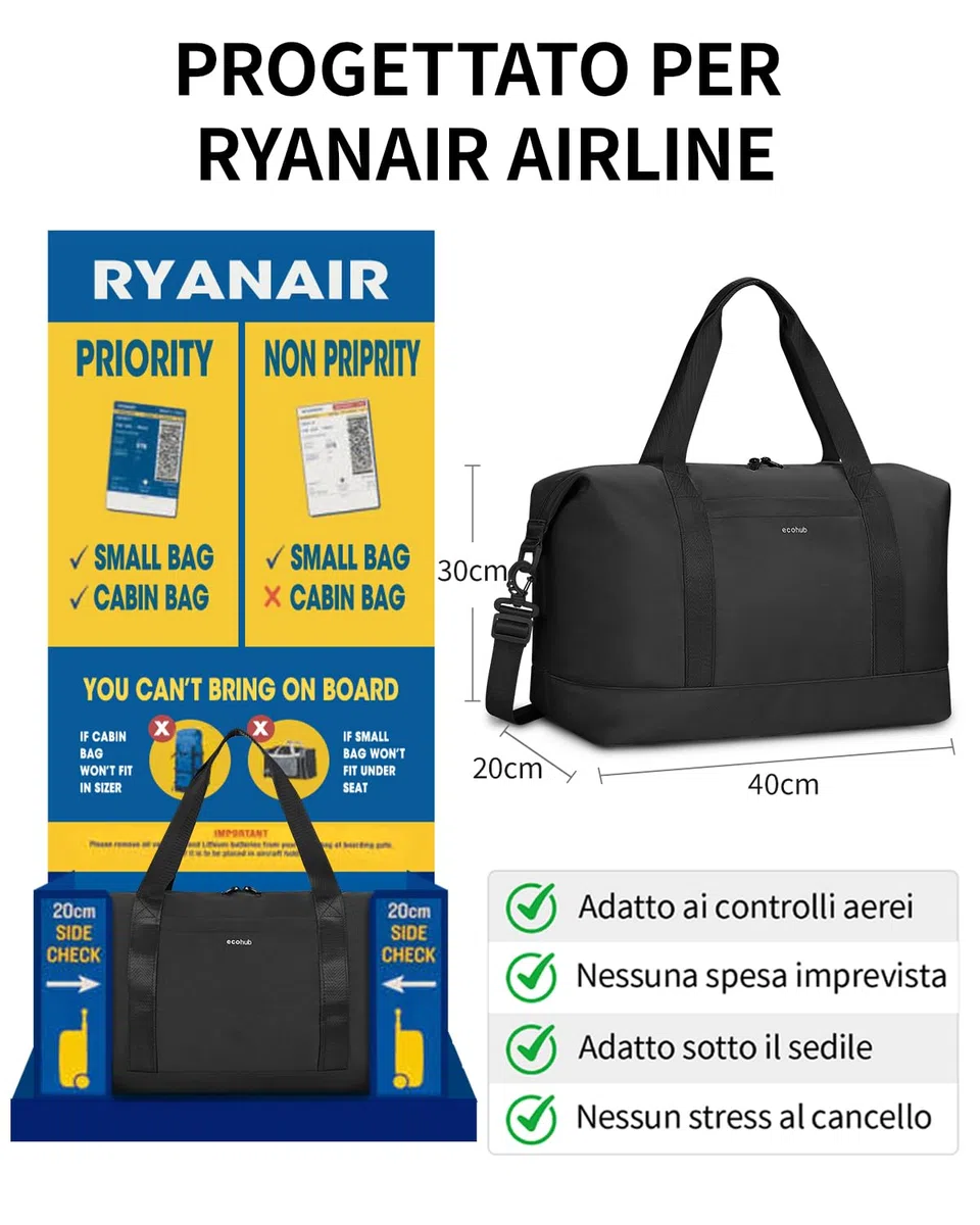 EHOHUB Borsa da Viaggio Pieghevole, Borsone da Viaggio Resistente All'acqua 40x30x20 Per Donna e Uomo, Bagaglio a Mano per Ryanair con Tasca Bagnata per Aereo, Palestra, Weekend, Nero