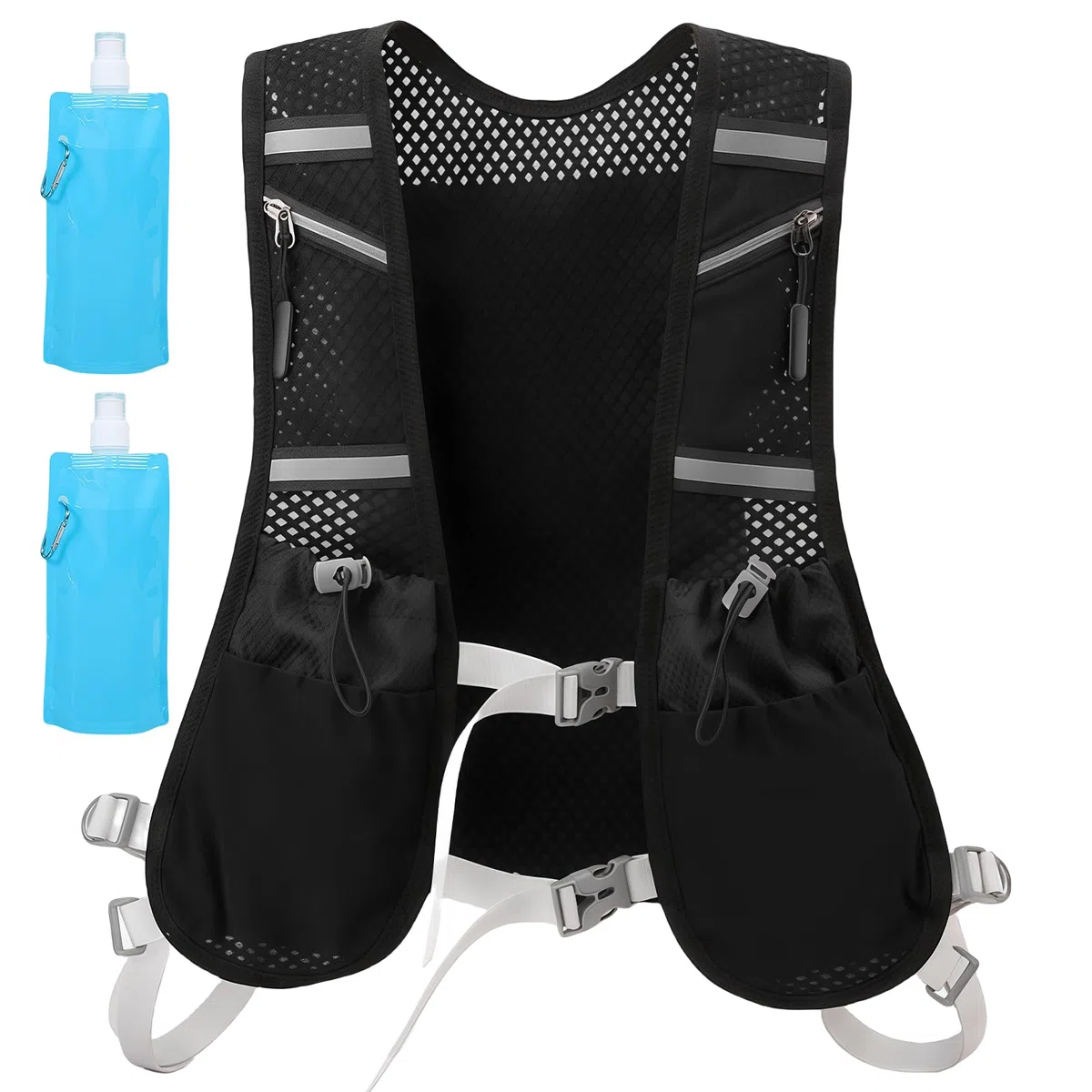 Wyety, Gilet da Corsa per Uomo e Donna con Zaino Riflettente Ultraleggero, 2 Bottiglie d'Acqua da 480 ml, Regolabile per Ciclismo, Maratone, Nero