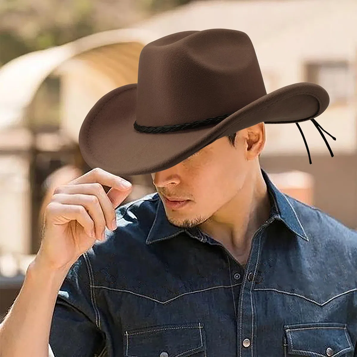 DRESHOW Cappello da Cowboy Donna Classico Cappello Western Retro a Tesa Larga con Fibbia e Cintura Cappelli Fedora in Feltro Arrotolati Unisex