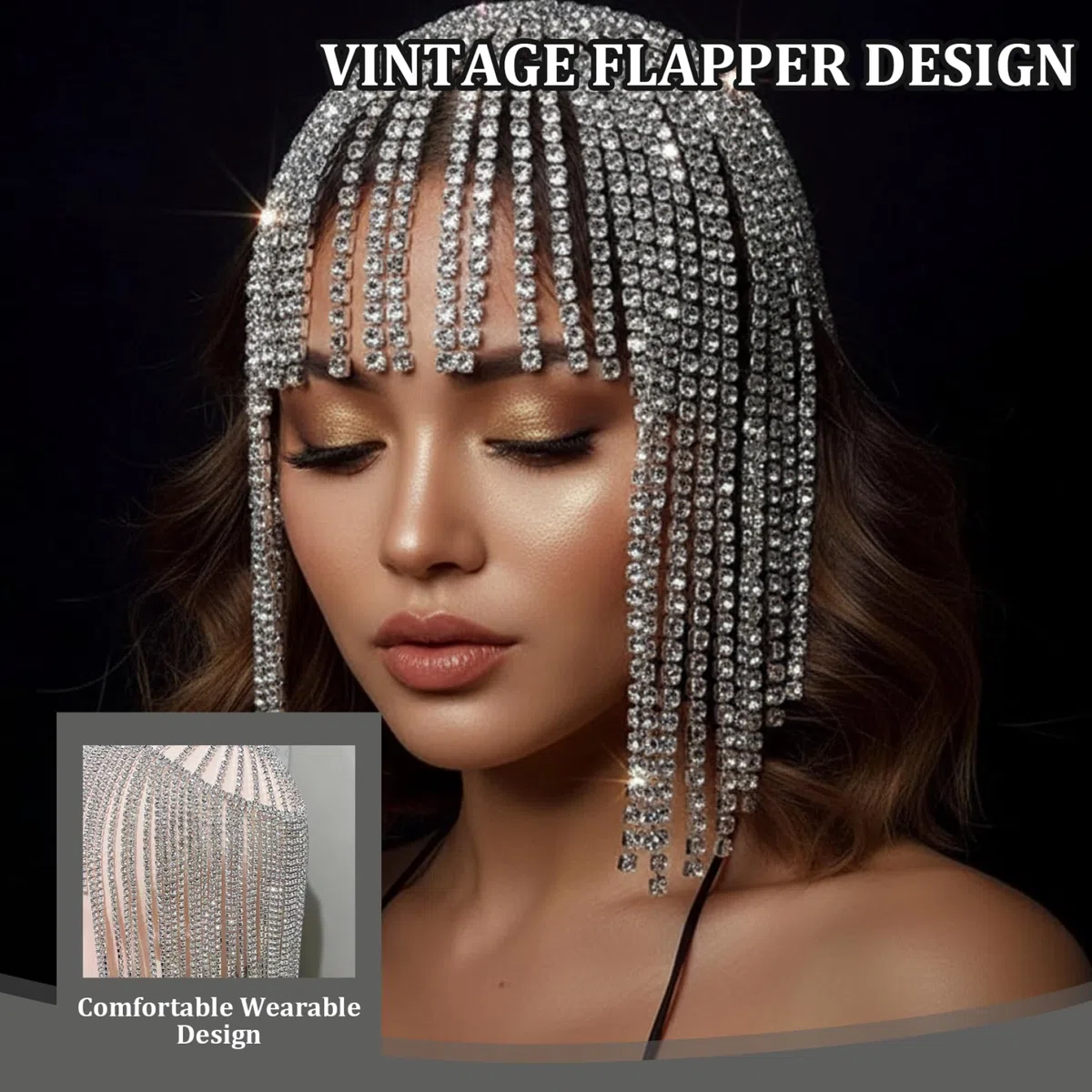 Catena di perline in argento, copricapo con strass Copricapo stile flapper in argento degli anni '20 con accenti di per feste e matrimoni, strass