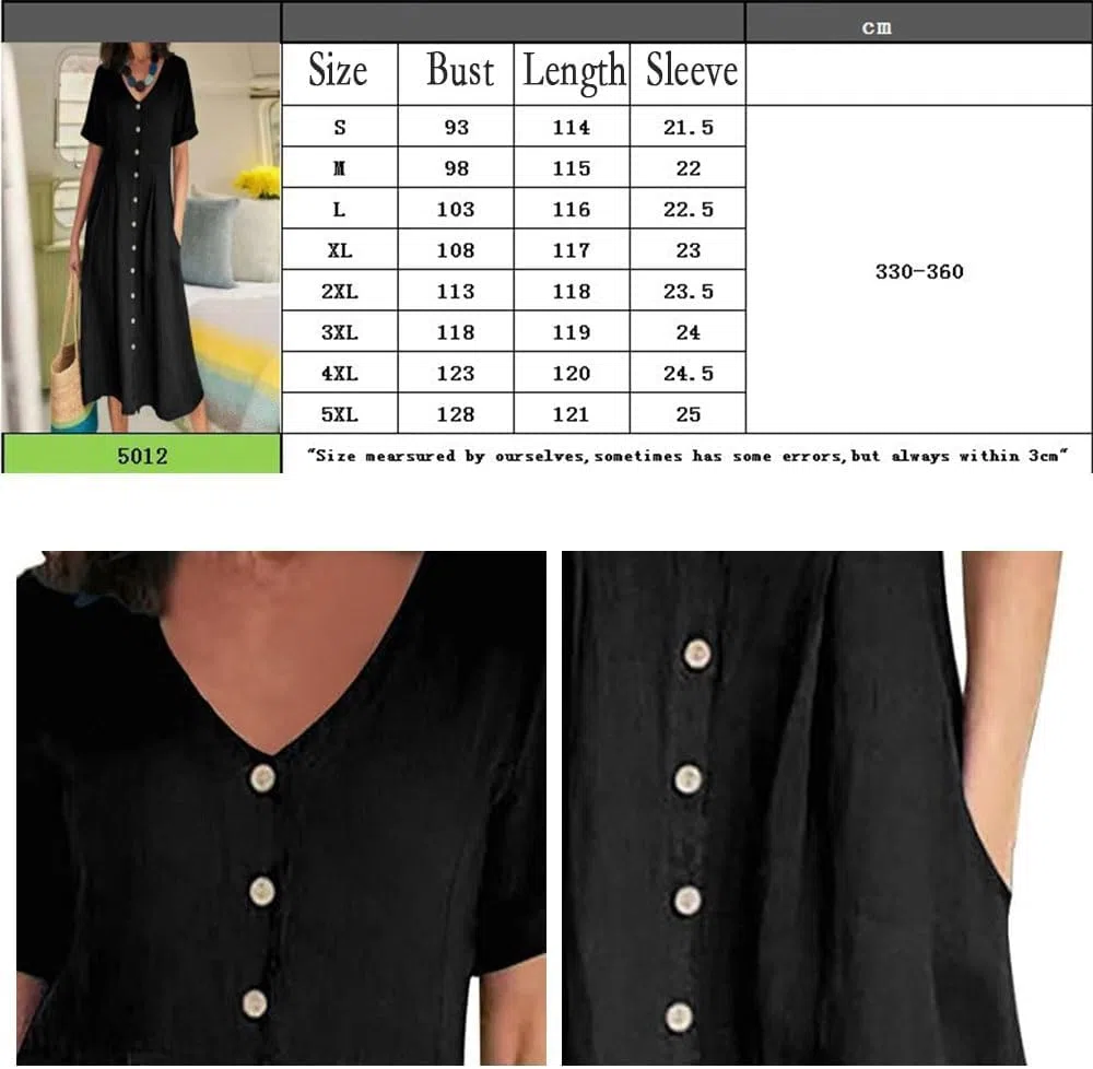 Abito da Donna in Cotone e Lino con Bottoni, Maxi Abito Casual con Scollo a V e Maniche Corte, Tinta Unita, Leggero, Ampio, con Tasca