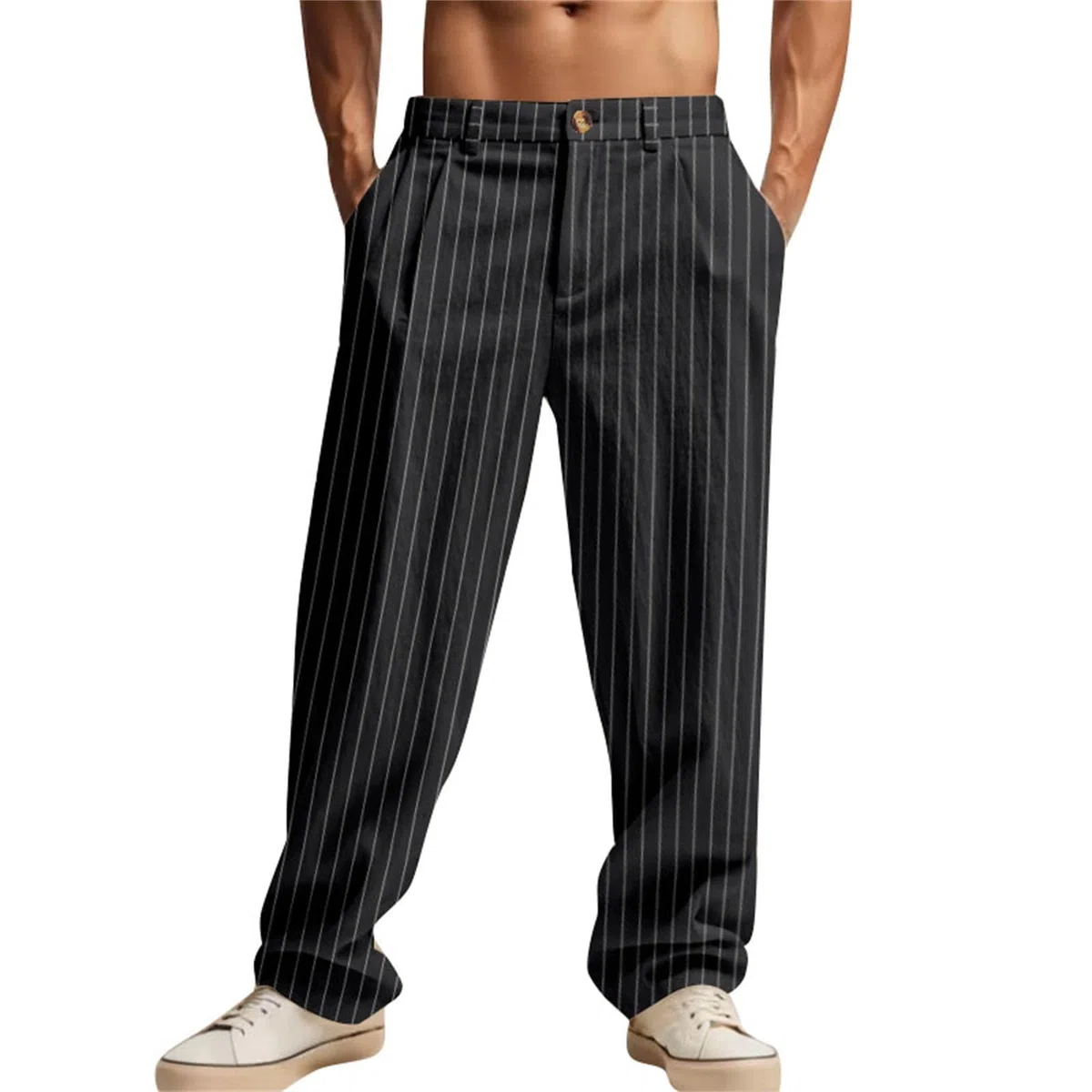 Pantaloni da uomo Baggy a righe, casual, dritti, eleganti, ad asciugatura rapida, con bottoni, da uomo, per smoking, gamba dritta