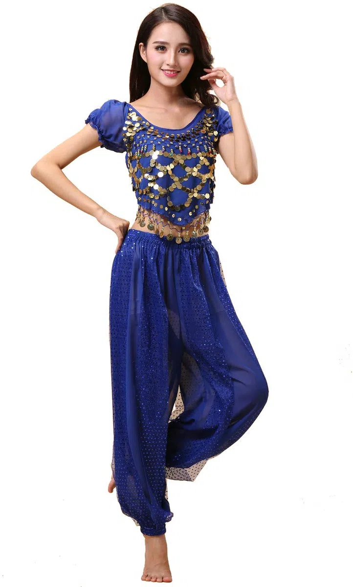 Completo da 2 Pezzi in Costume da Danza del Ventre a Tema Indiano di Bollywood per Donne con Top e Pantaloni (150-170cm, 30-60kg)