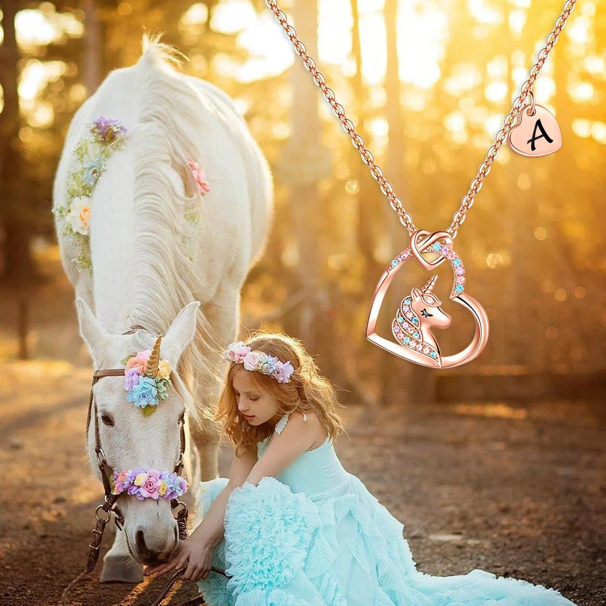 TINGN Regali Unicorno per Ragazze, Iniziali Placcate Oro Rosa 14K Ciondolo a Cuore CZ Collana Unicorno con Lettere per Ragazze Bambini Collana Unicorno Regali Anniversario per Donne Gioielli Ragazze